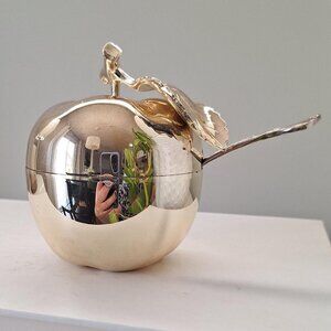 Vintage Apple Trinket Box / dish Gold Color ( faux brass ) statue sculpture